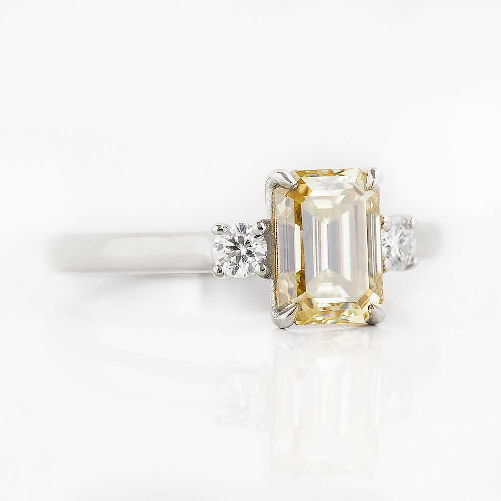 Emerald cut Yellow Lab Diamond trilogy Engagement Ring in White Gold - Victoria's Jewellery