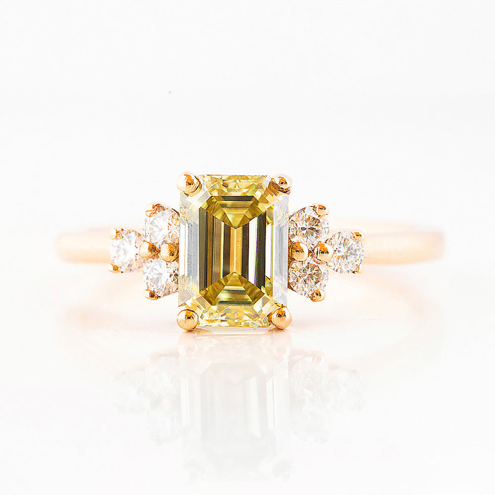 Emerald cut Yellow Moissanite Cluster style Engagement Ring in Rose Gold - Victoria's Jewellery