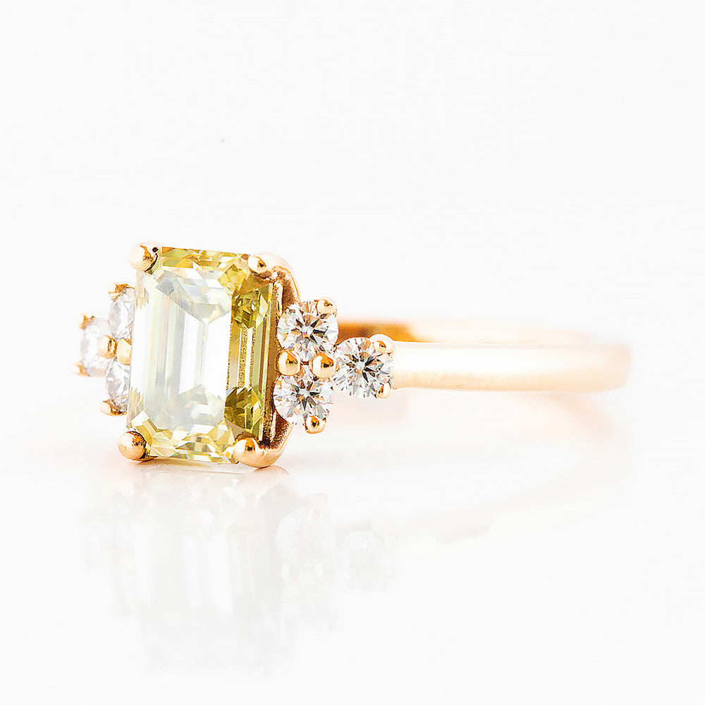 Emerald cut Yellow Moissanite Cluster style Engagement Ring in Rose Gold - Victoria's Jewellery