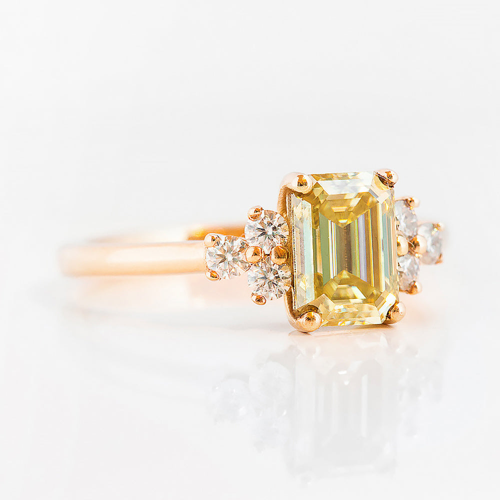 Emerald cut Yellow Moissanite Cluster style Engagement Ring in Rose Gold - Victoria's Jewellery