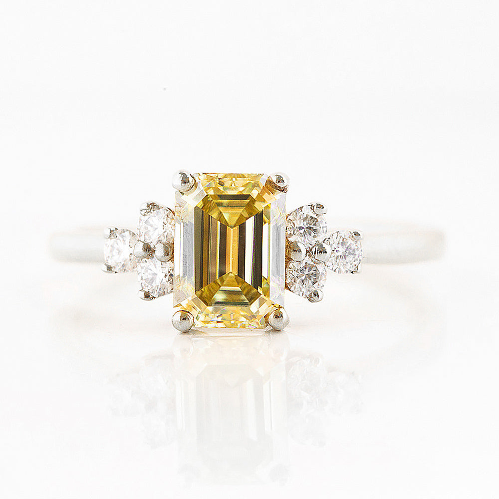 Emerald cut Yellow Moissanite Cluster style Engagement Ring in White Gold - Victoria's Jewellery