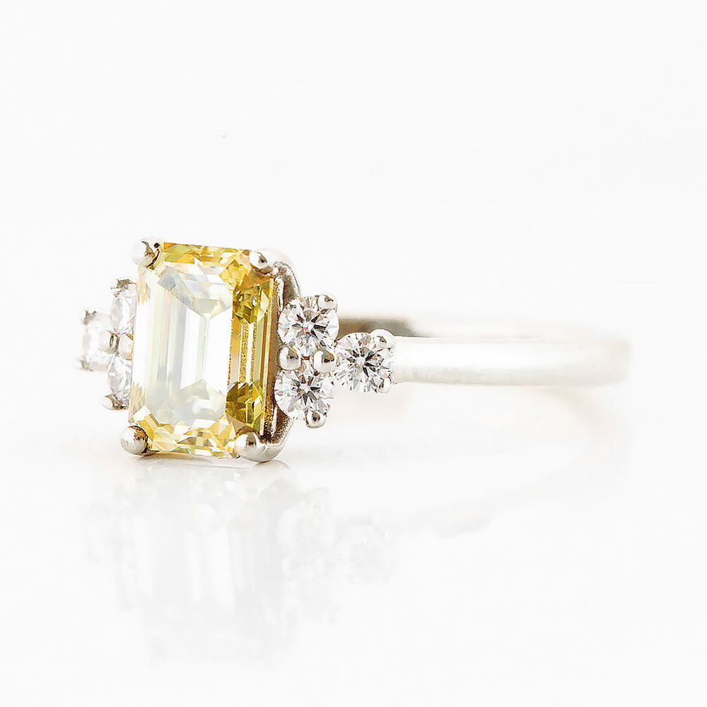 Emerald cut Yellow Moissanite Cluster style Engagement Ring in White Gold - Victoria's Jewellery