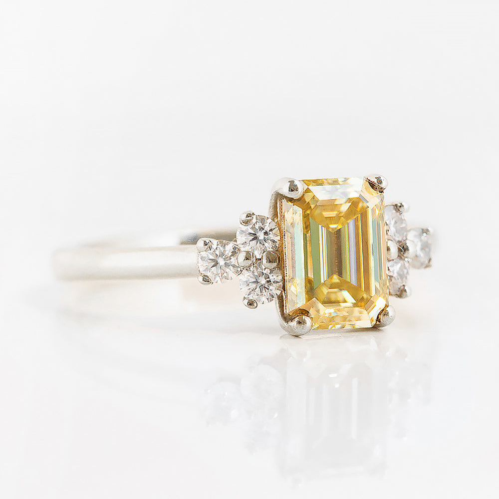 Emerald cut Yellow Moissanite Cluster style Engagement Ring in White Gold - Victoria's Jewellery