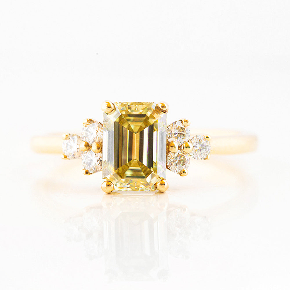 Emerald cut Yellow Moissanite Cluster style Engagement Ring in Yellow Gold - Victoria's Jewellery