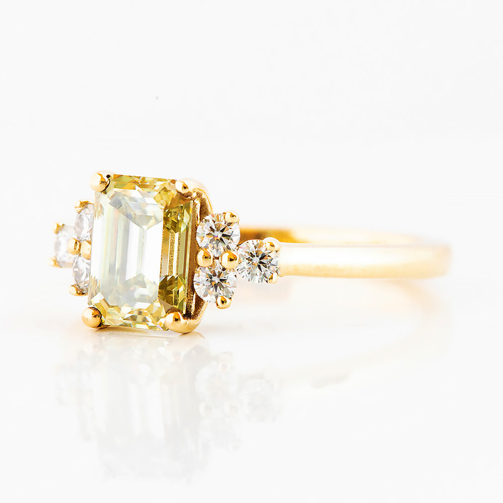 Emerald cut Yellow Moissanite Cluster style Engagement Ring in Yellow Gold - Victoria's Jewellery