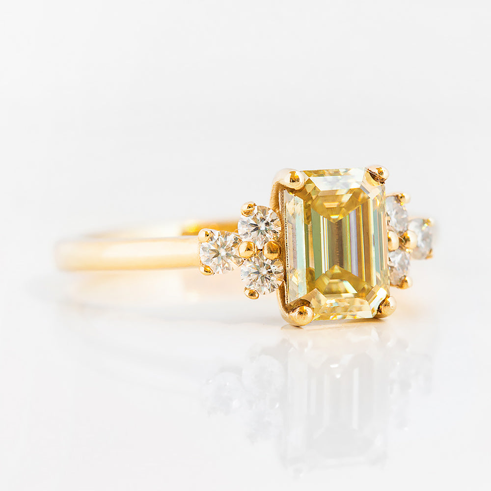Emerald cut Yellow Moissanite Cluster style Engagement Ring in Yellow Gold - Victoria's Jewellery