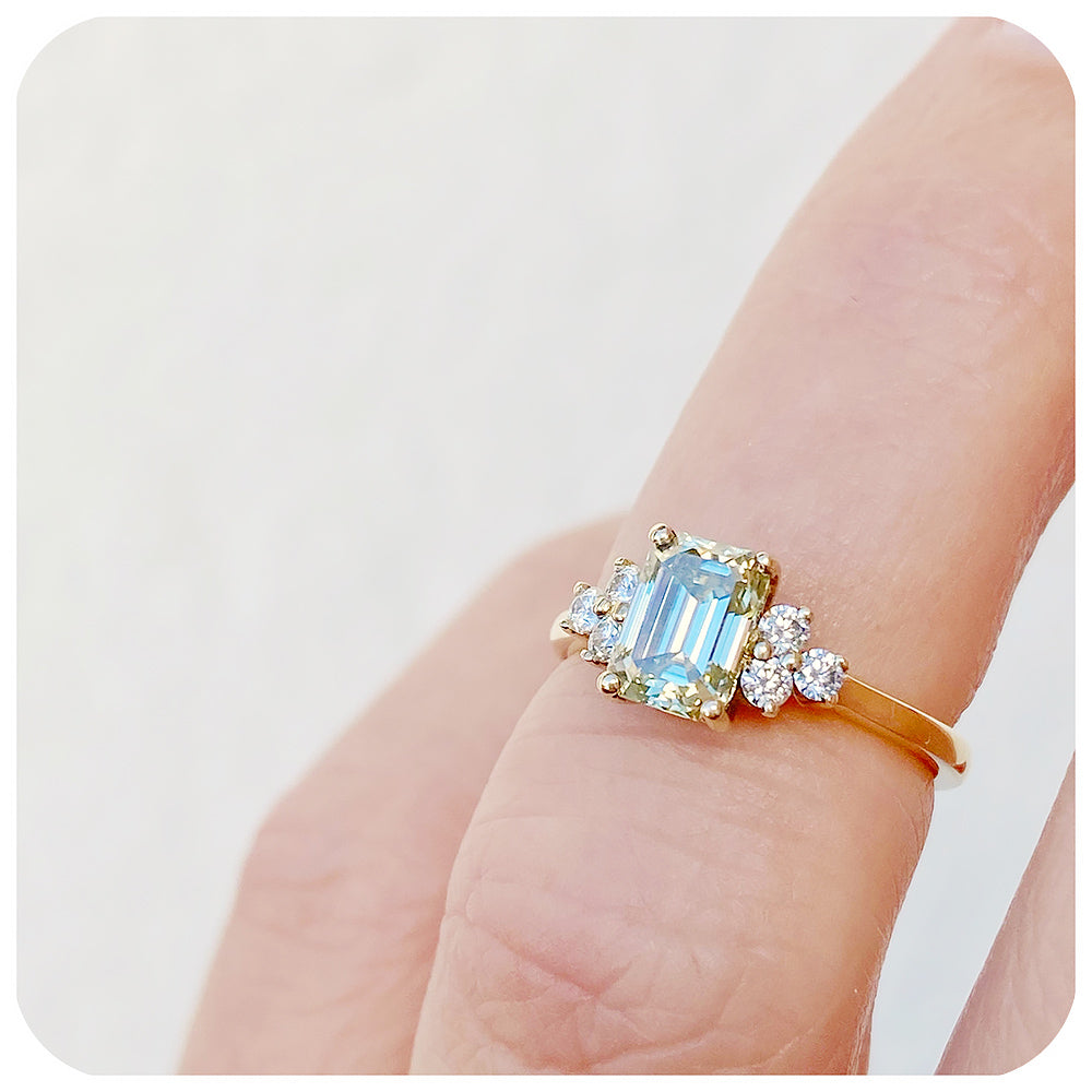 Emerald cut Yellow Moissanite Cluster style Engagement Ring in Yellow Gold - Victoria's Jewellery