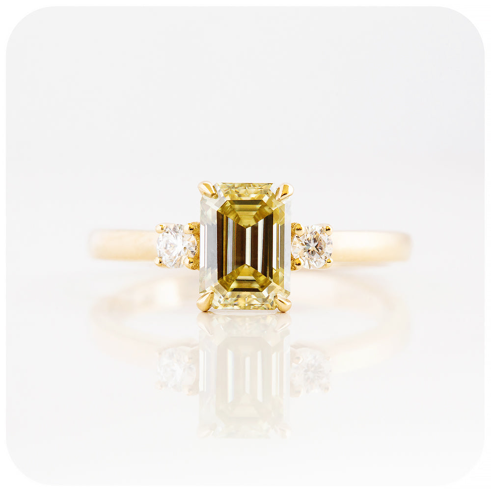 Fancy Yellow Emerald and Round cut Moissanite Trilogy Engagement Wedding Ring - Victoria's Jewellery