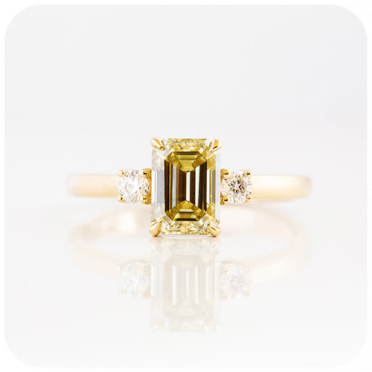 Fancy Yellow Emerald and Round cut Moissanite Trilogy Engagement Wedding Ring - Victoria's Jewellery