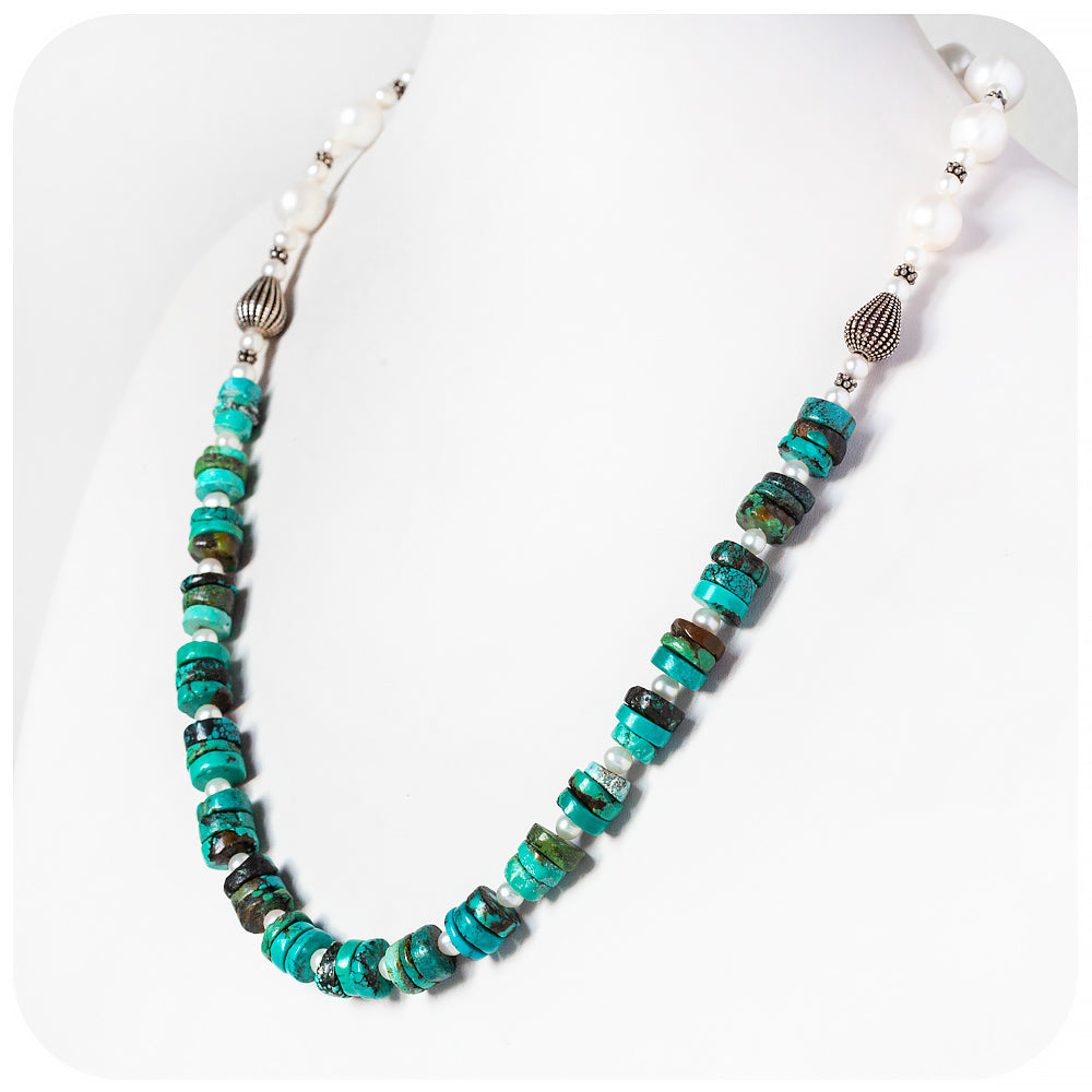 Fresh Water Pearl and Turquoise Necklace with Sterling Silver Details - 58cm