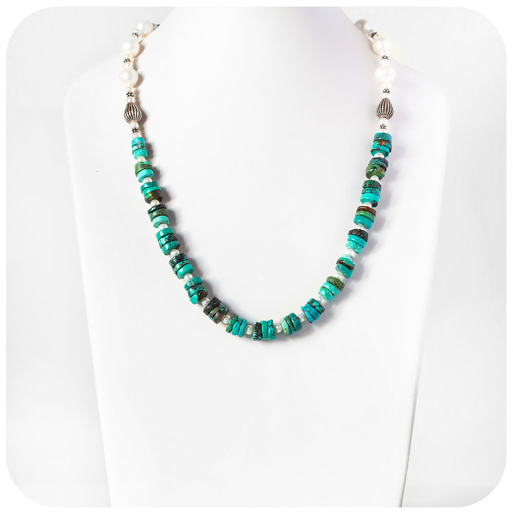 Fresh Water Pearl and Turquoise Necklace with Sterling Silver Details - 58cm