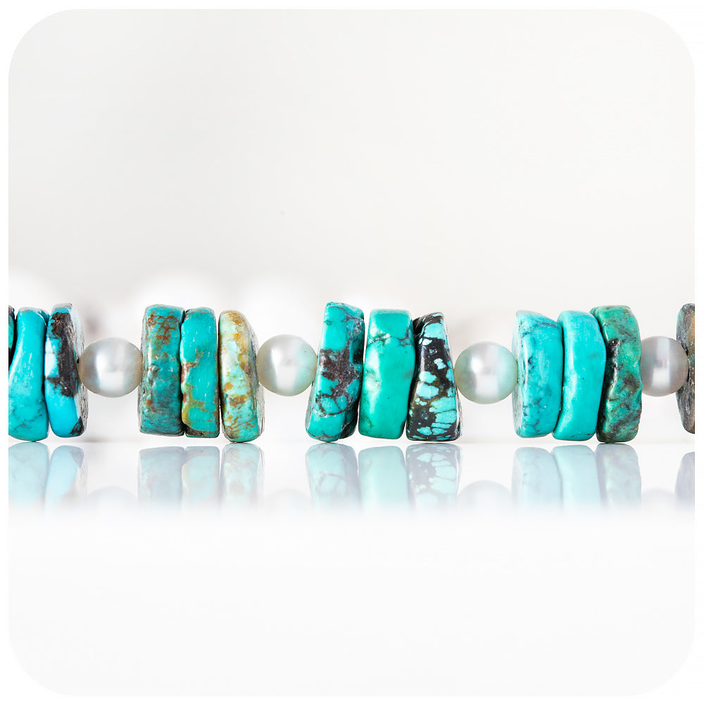 Fresh Water Pearl and Turquoise Necklace with Sterling Silver Details - 58cm