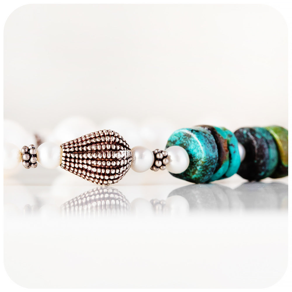 Fresh Water Pearl and Turquoise Necklace with Sterling Silver Details - 58cm
