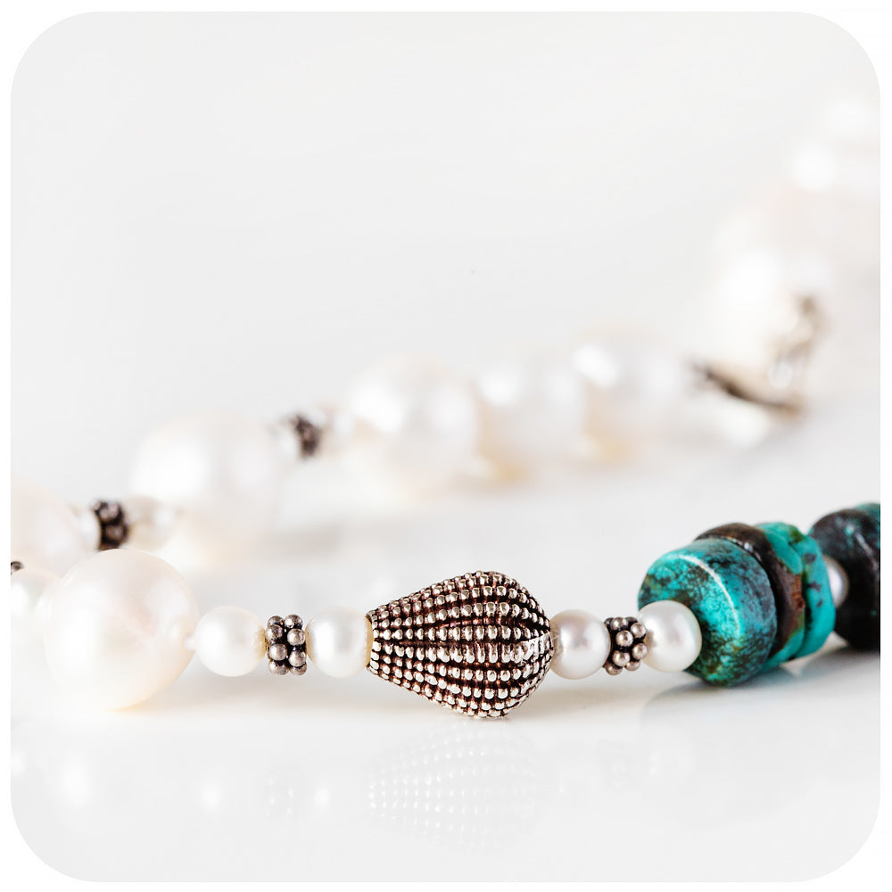 Fresh Water Pearl and Turquoise Necklace with Sterling Silver Details - 58cm