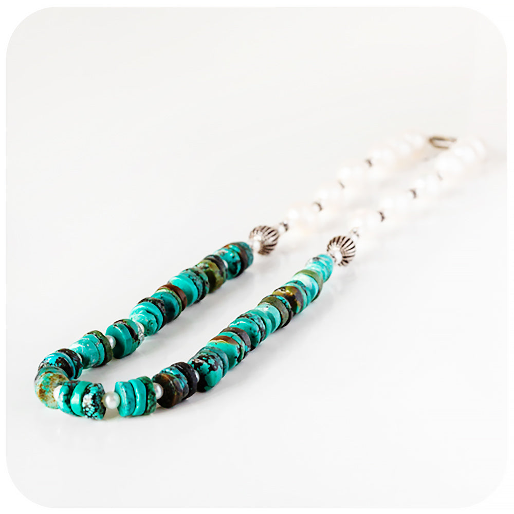 Fresh Water Pearl and Turquoise Necklace with Sterling Silver Details - 58cm