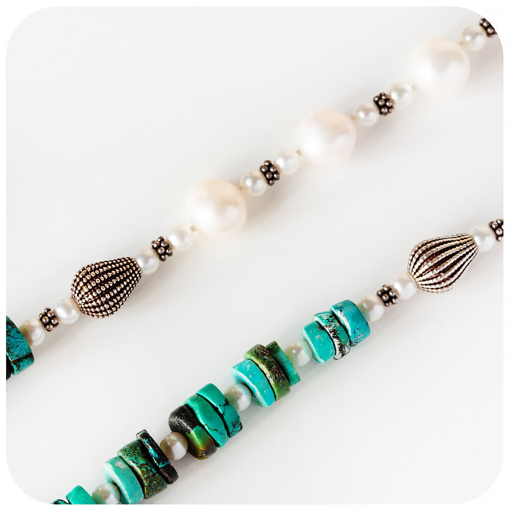 Fresh Water Pearl and Turquoise Necklace with Sterling Silver Details - 58cm