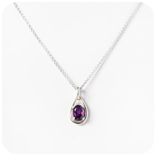 oval cut purple amethyst, february birthstone pendant and chain