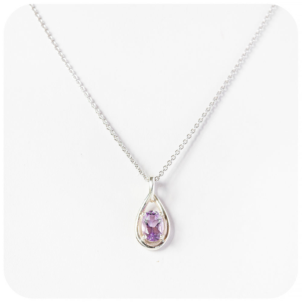 oval cut pink amethyst, february birthstone pendant and chain