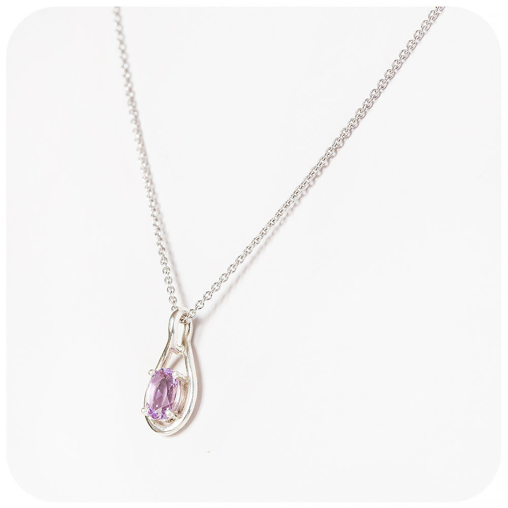 oval cut pink amethyst, february birthstone pendant and chain
