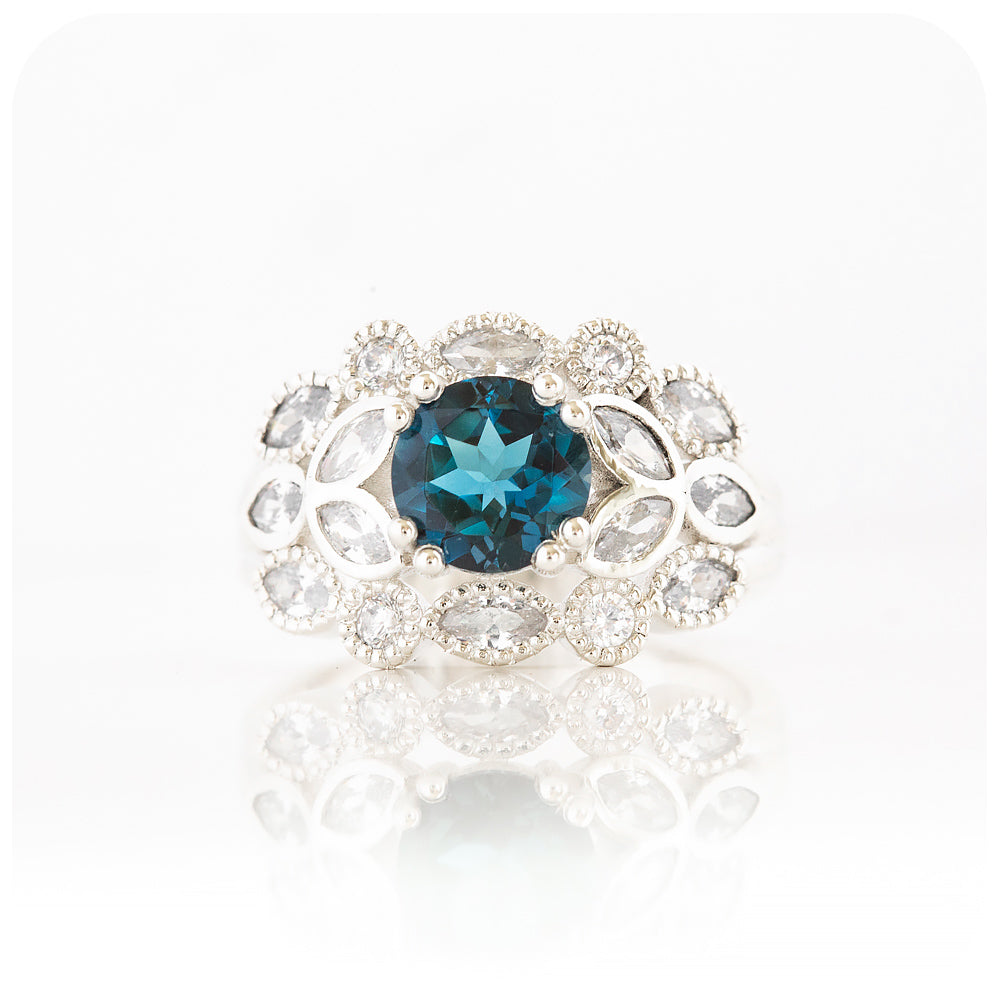 Teal London Blue Topaz and Moissanite Cocktail Dress Ring - Victoria's JewelleryaOval cut Teal London Blue Topaz and Lab Grown Diamond Halo Vintage Engagement Wedding Ring - Victoria's Jewellery
