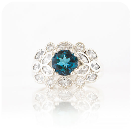Teal London Blue Topaz and Moissanite Cocktail Dress Ring - Victoria's JewelleryaOval cut Teal London Blue Topaz and Lab Grown Diamond Halo Vintage Engagement Wedding Ring - Victoria's Jewellery