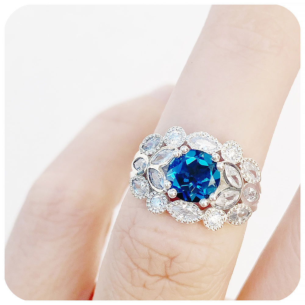 Teal London Blue Topaz and Moissanite Cocktail Dress Ring - Victoria's JewelleryaOval cut Teal London Blue Topaz and Lab Grown Diamond Halo Vintage Engagement Wedding Ring - Victoria's Jewellery