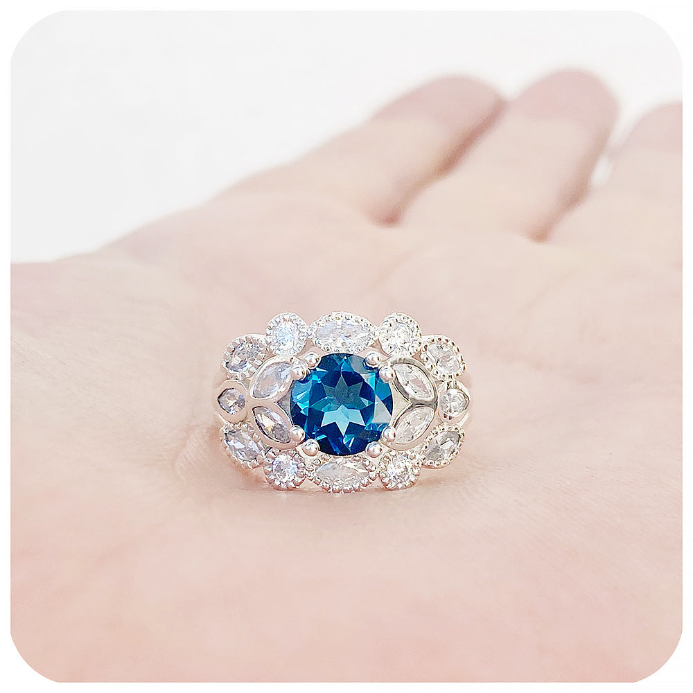 Teal London Blue Topaz and Moissanite Cocktail Dress Ring - Victoria's JewelleryaOval cut Teal London Blue Topaz and Lab Grown Diamond Halo Vintage Engagement Wedding Ring - Victoria's Jewellery