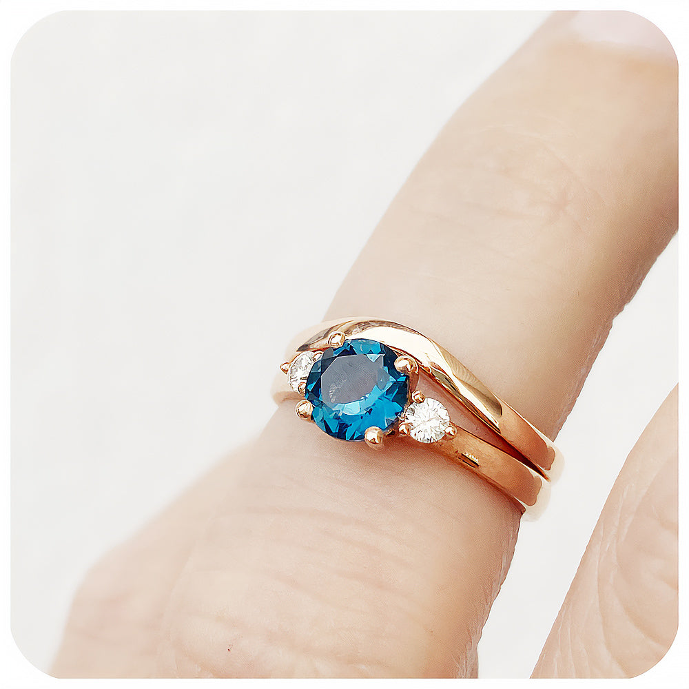 Round cut London Blue Topaz and Moissanite Trilogy Engagement and Wedding Ring Set - Victoria's Jewellery
