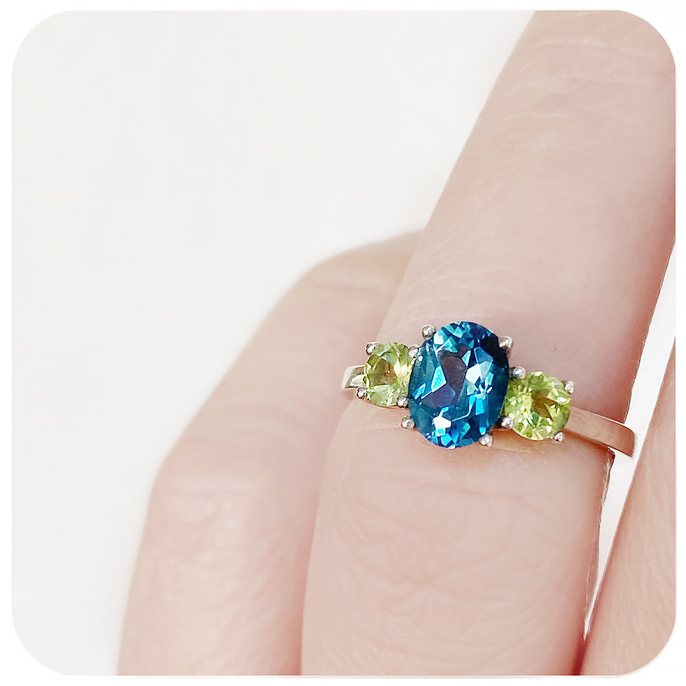 London Blue Topaz and Peridot Trilogy Anniversary Ring - Victoria's Jewellery