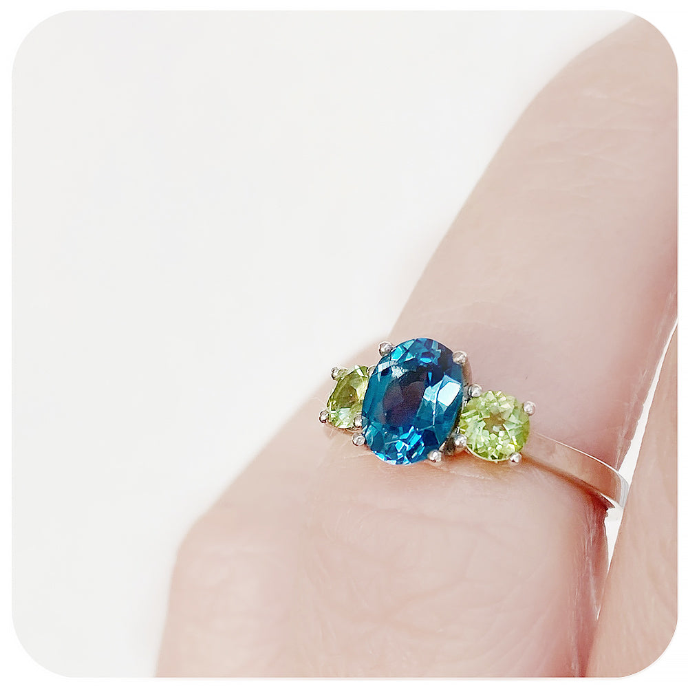 London Blue Topaz and Peridot Trilogy Anniversary Ring - Victoria's Jewellery