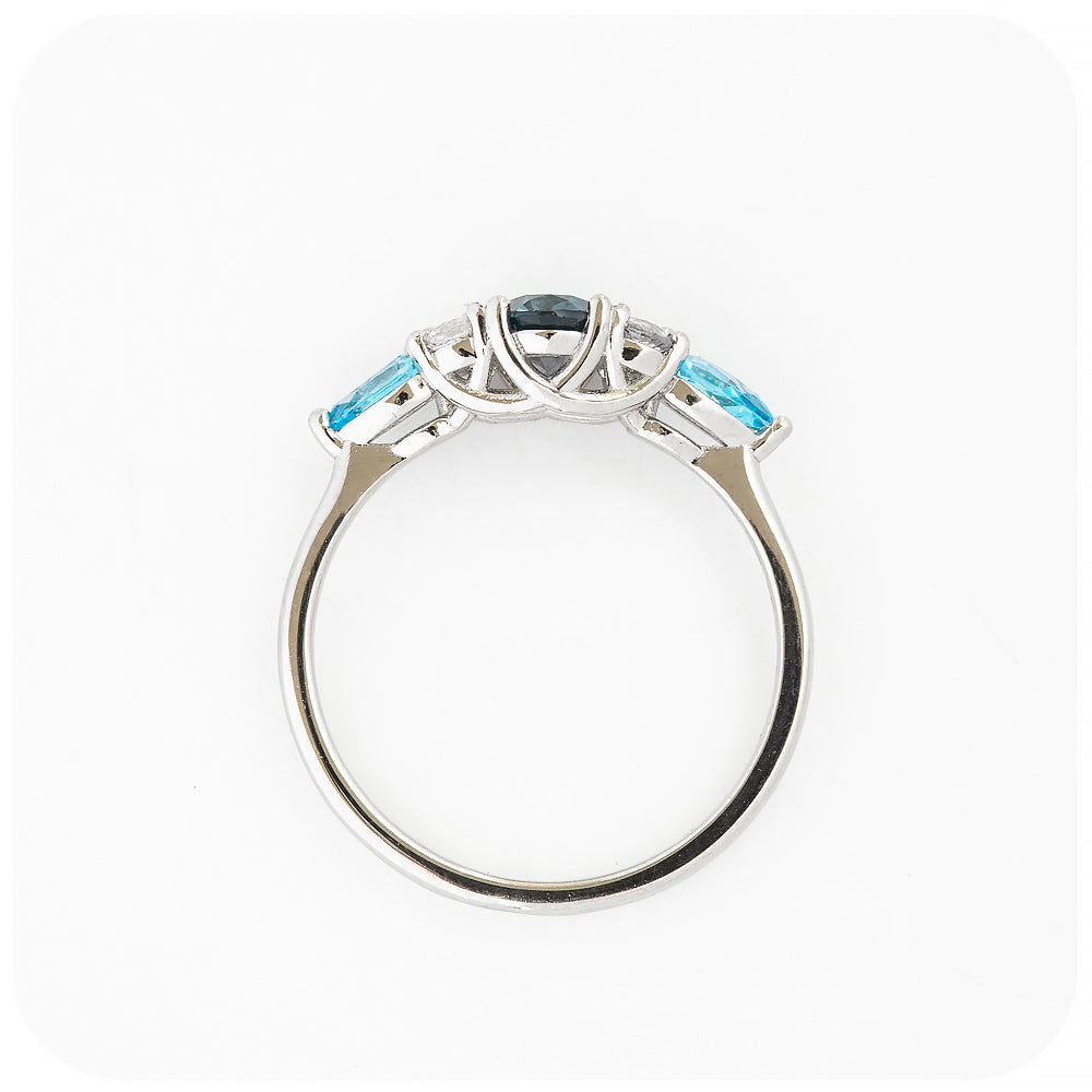 sapphire and topaz anniversary or engagement ring with trellis design