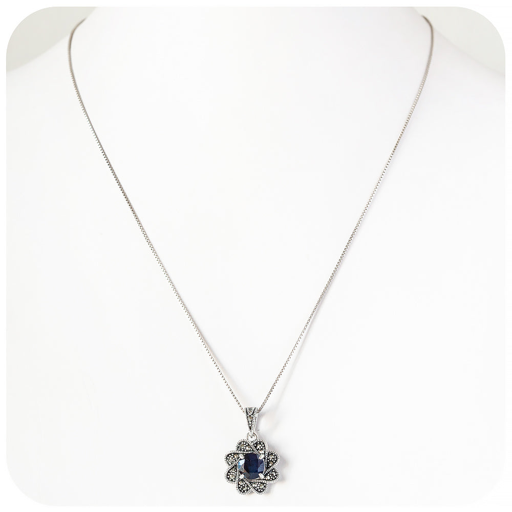 Marcasite and Blue Sapphire Flower Pendant