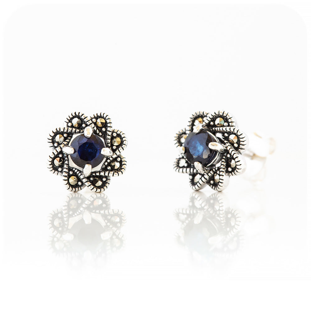 Sapphire and Marcasite Flower Stud Earring
