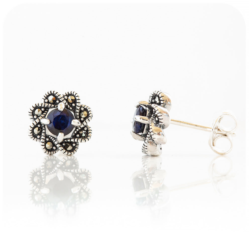 Sapphire and Marcasite Flower Stud Earring