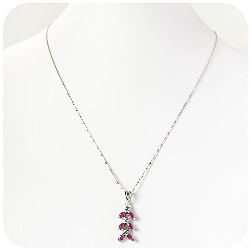 Marquise cut Ruby and Marcasite Pendant and Chain