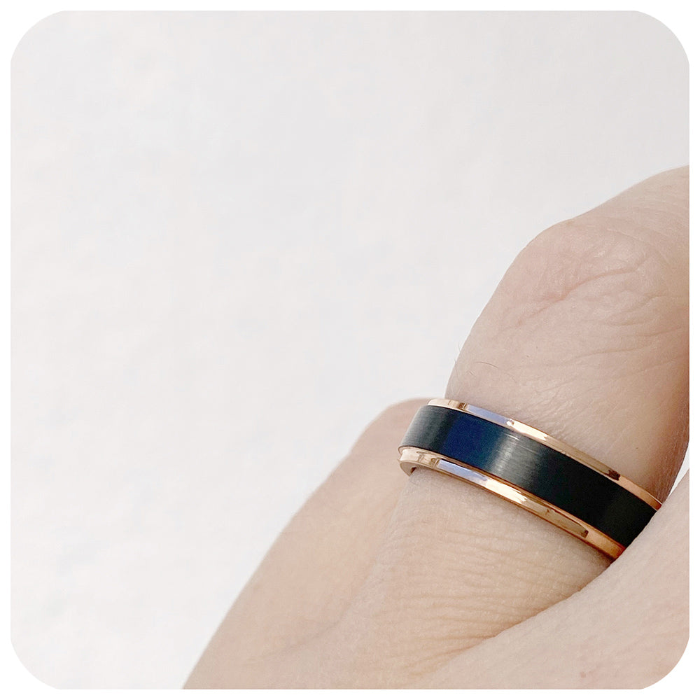Brushed Black Tungsten and Rose Gold Mens Wedding Ring - Victoria's Jewellery