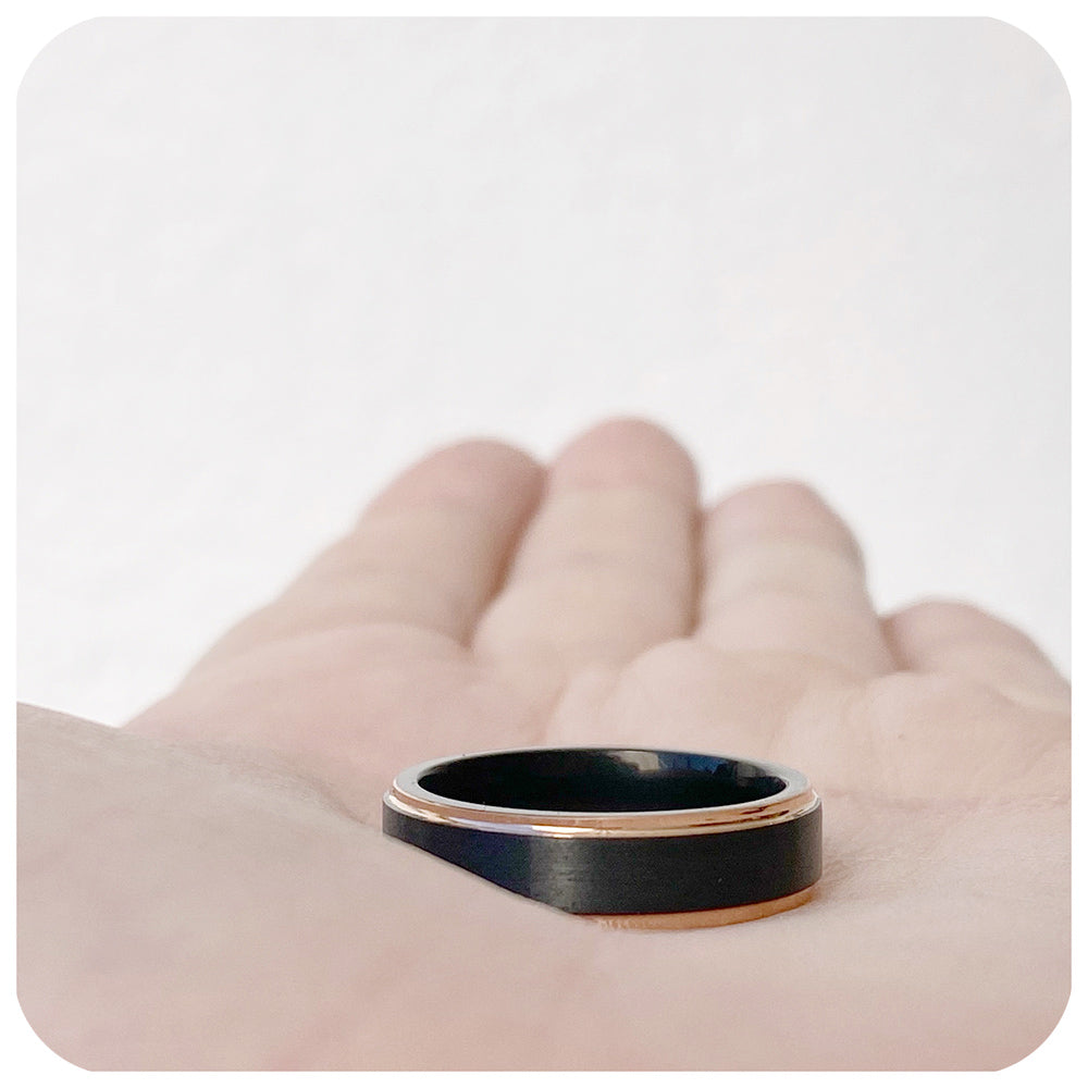 Brushed Black Tungsten and Rose Gold Mens Wedding Ring - Victoria's Jewellery