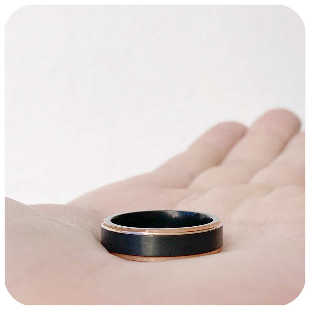 Brushed Black Tungsten and Rose Gold Mens Wedding Ring - Victoria's Jewellery