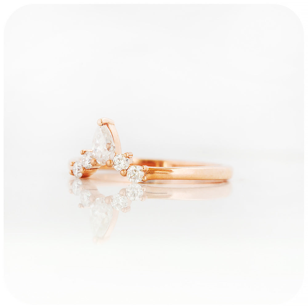 pear and round cut moissanite crown wedding band ring in rose gold - Victoria's Jewellery
