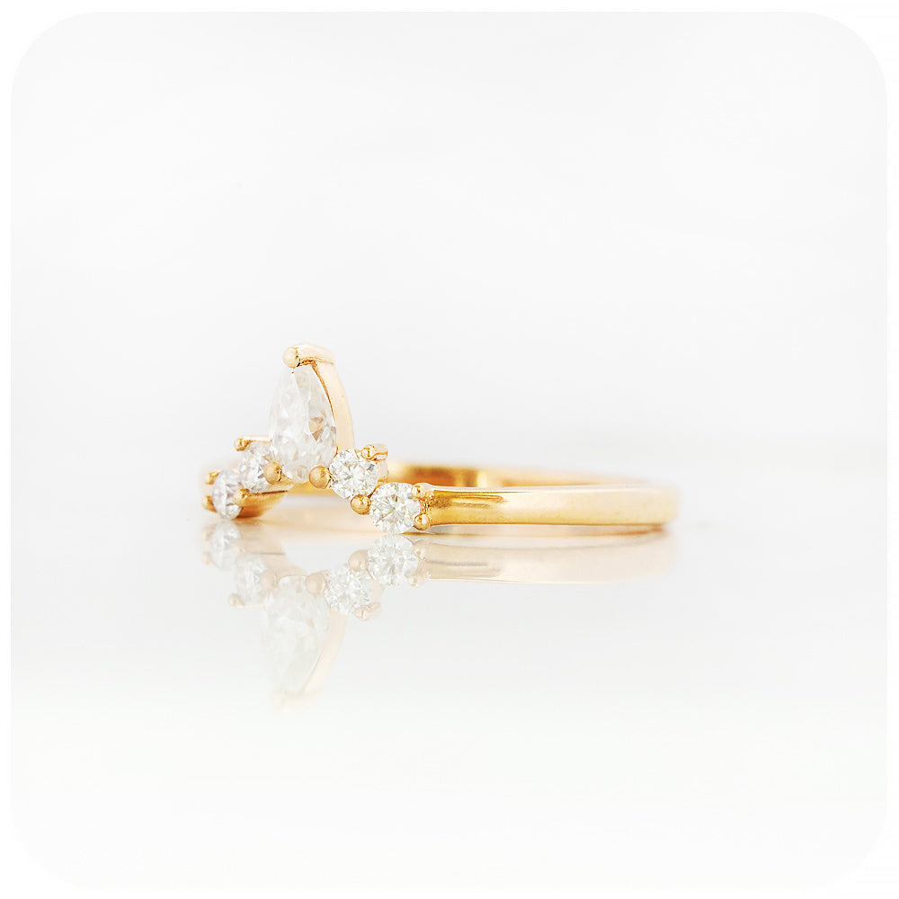 pear and round cut moissanite crown wedding band ring in yellow gold - Victoria's Jewellery