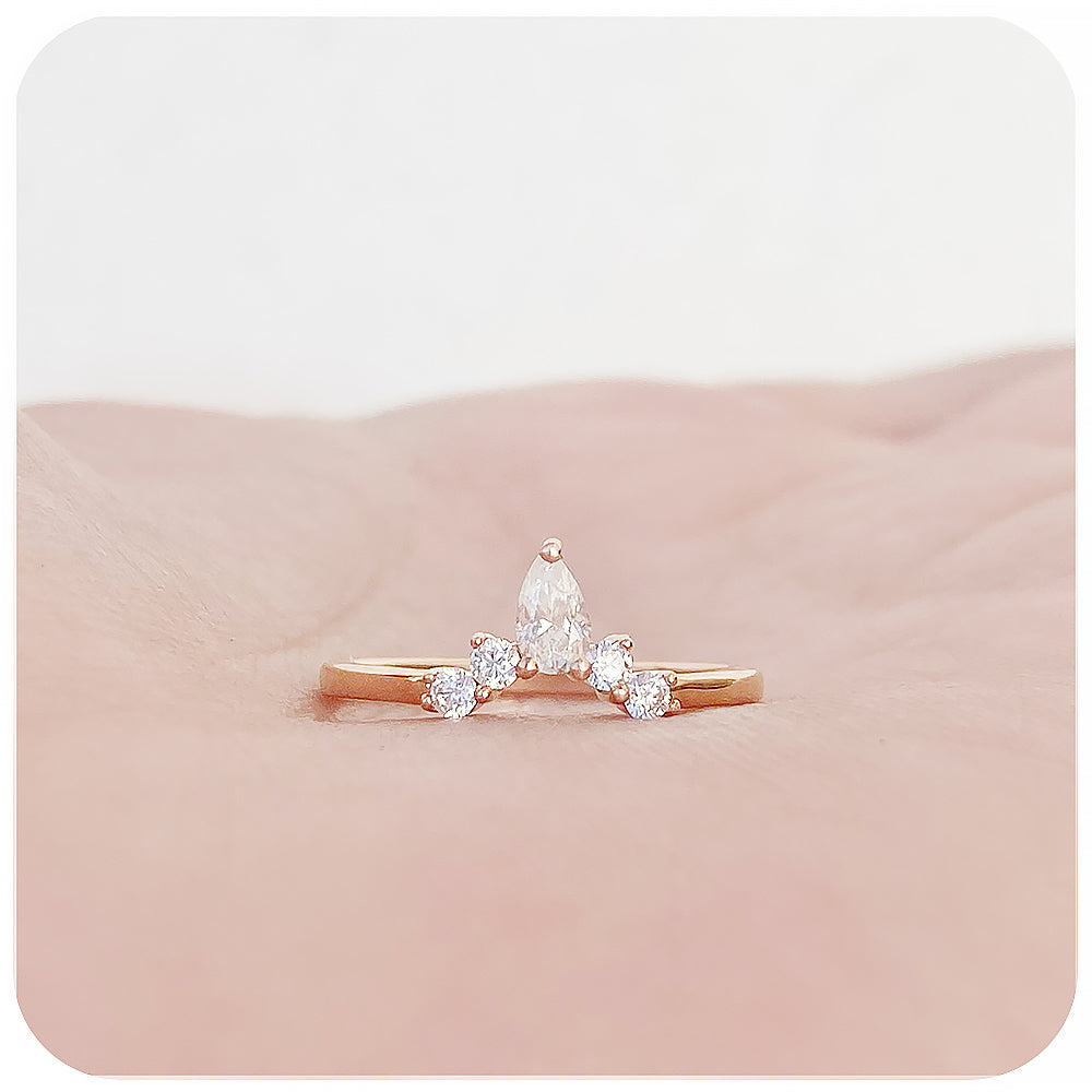 pear and round cut moissanite crown wedding band ring in rose gold - Victoria's Jewellery