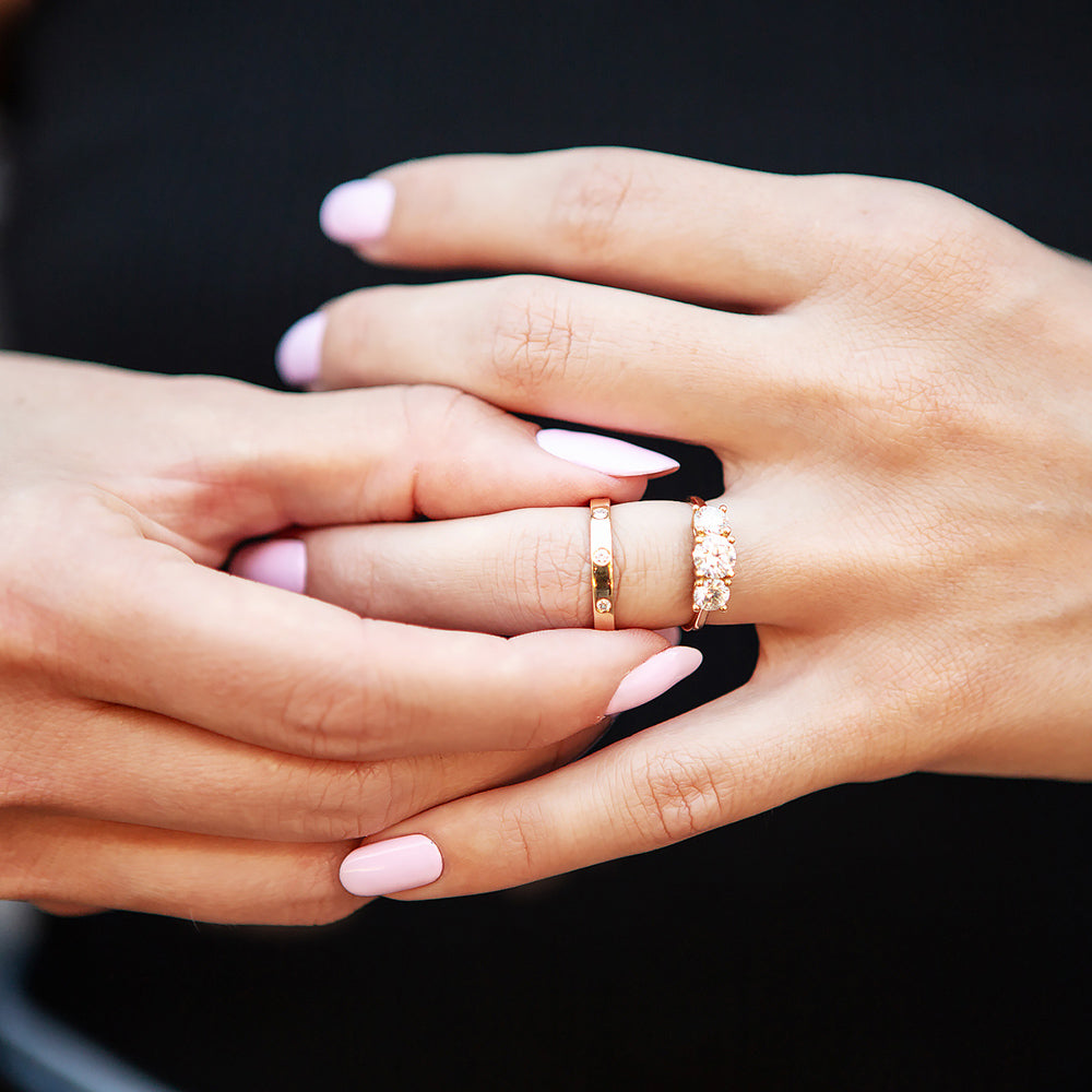 vintage style wedding band with brilliant cut moissanite flush set in a solid gold band - Victoria's Jewellery
