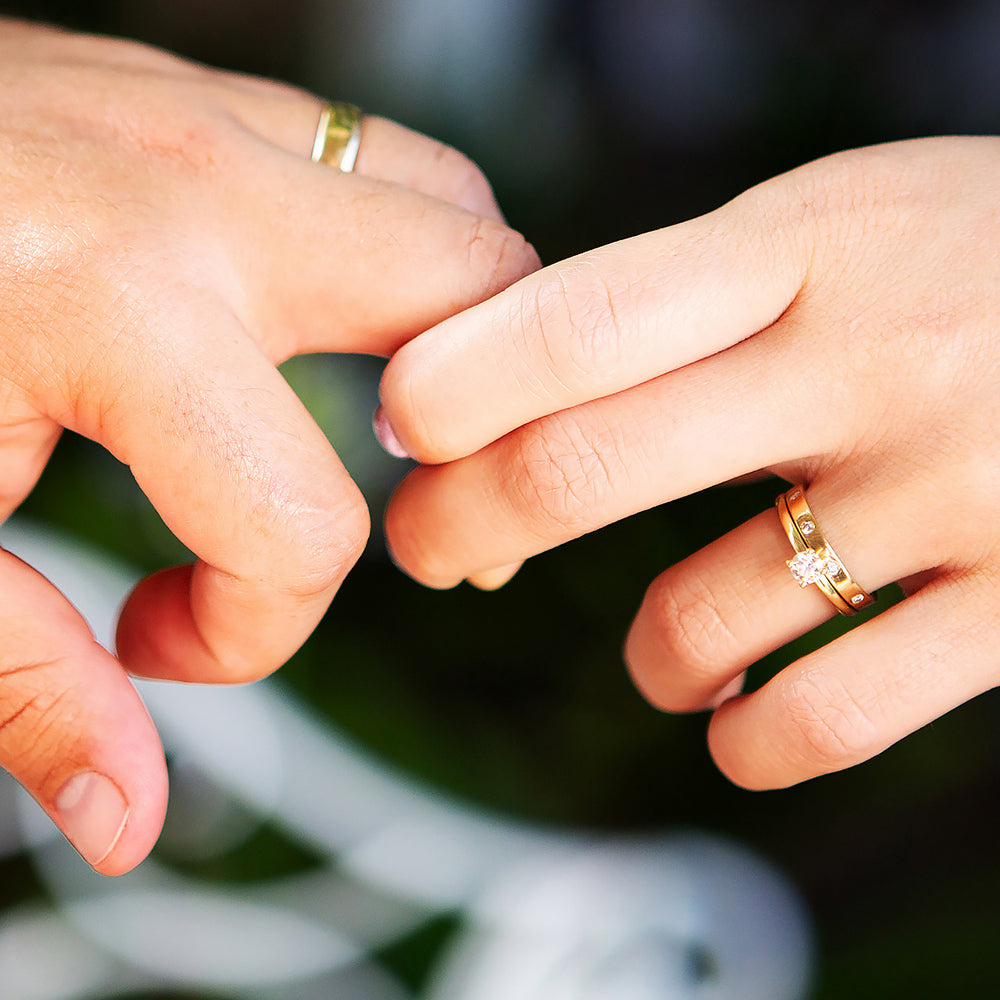 vintage style wedding band with brilliant cut moissanite flush set in a solid gold band - Victoria's Jewellery