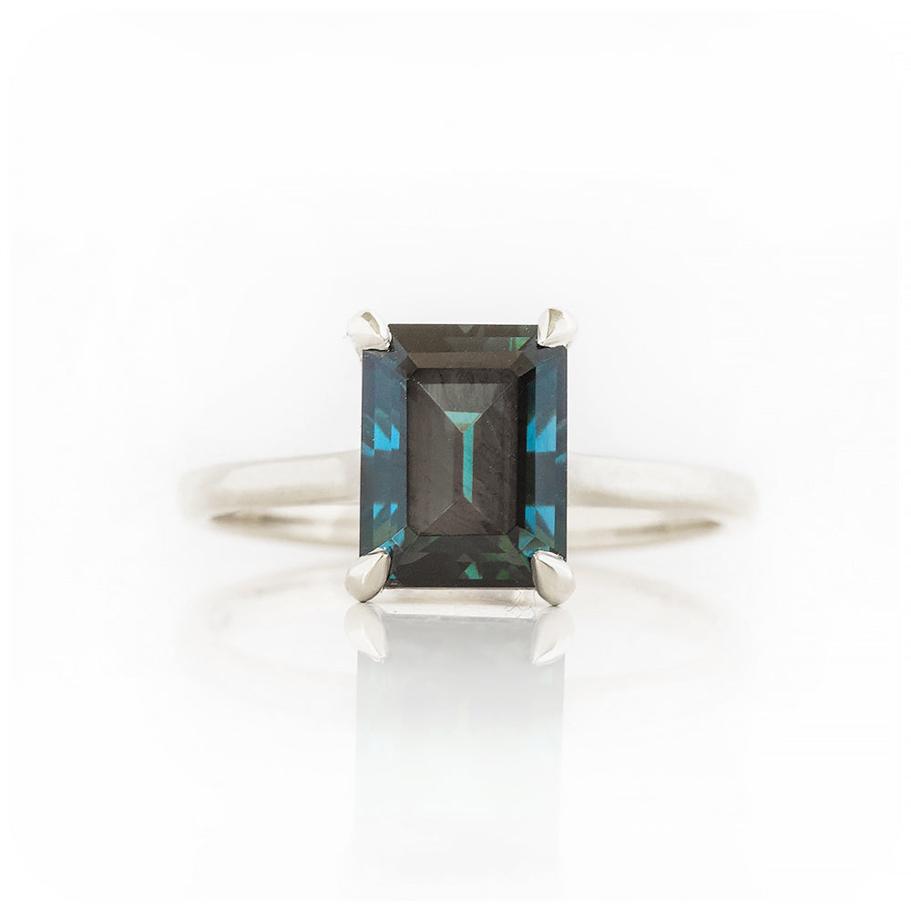 Emerald cut London Blue Topaz Solitaire Ring in White Gold - Victoria's Jewellery