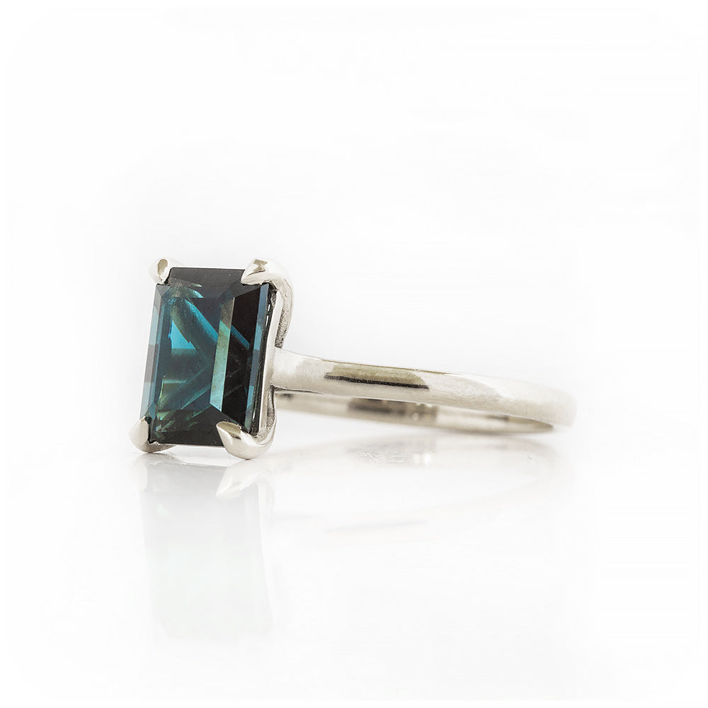 Emerald cut London Blue Topaz Solitaire Ring in White Gold - Victoria's Jewellery