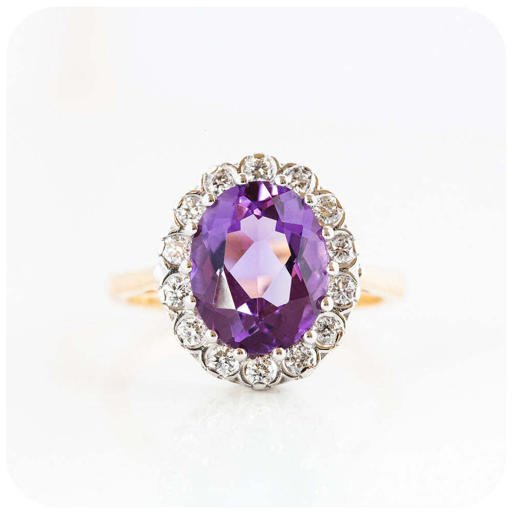 Oval cut Amethyst and Diamond Halo Engagement Ring - Victoria's Jewellery