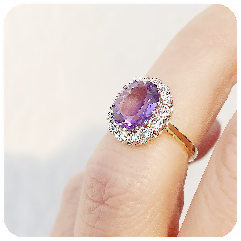 Oval cut Amethyst and Diamond Halo Engagement Ring - Victoria's Jewellery
