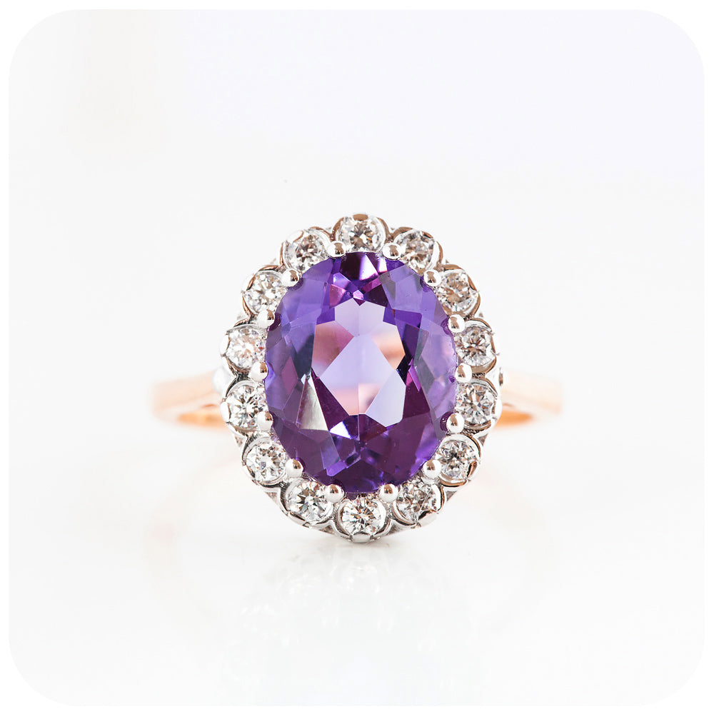 Oval cut Amethyst and Diamond Halo Engagement Ring - Victoria's Jewellery