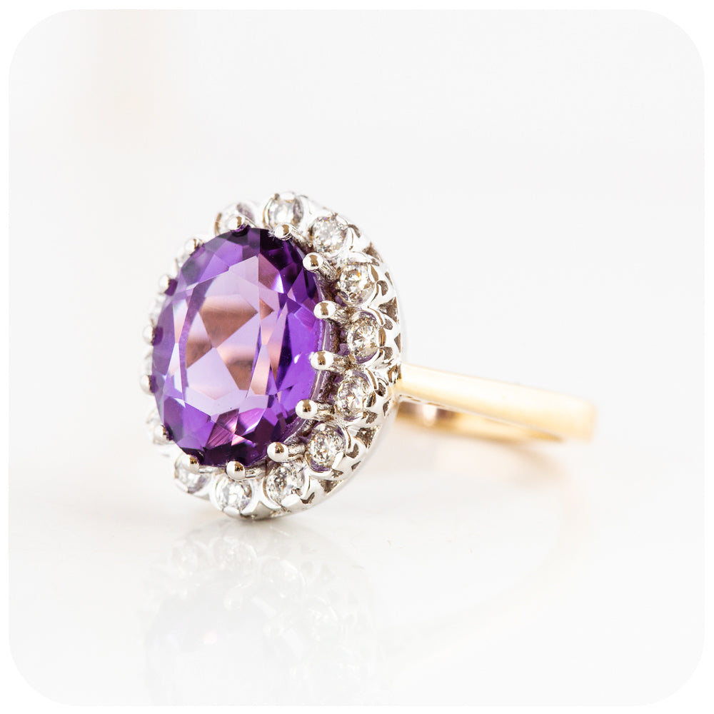 Oval cut Amethyst and Diamond Halo Engagement Ring - Victoria's Jewellery