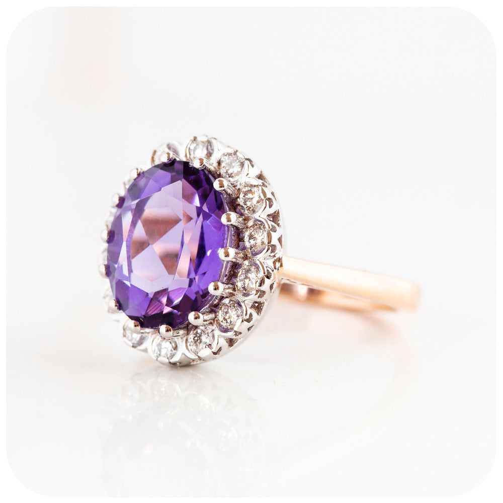 Oval cut Amethyst and Diamond Halo Engagement Ring - Victoria's Jewellery